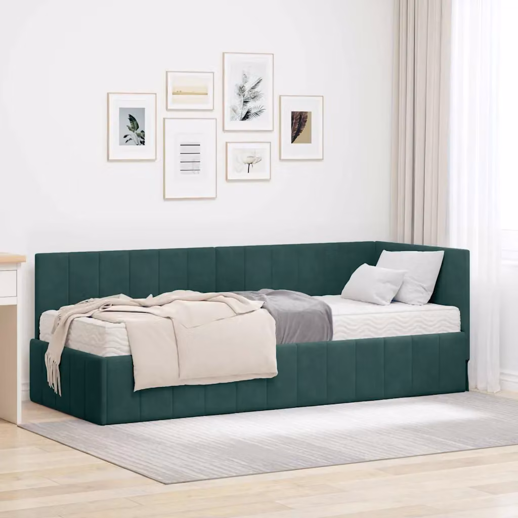 vidaXL Struttura Letto Angolare in Velluto Verde con 2 Materassi in Schiuma L/P/H: 140 x 80 x 200 cm – 1