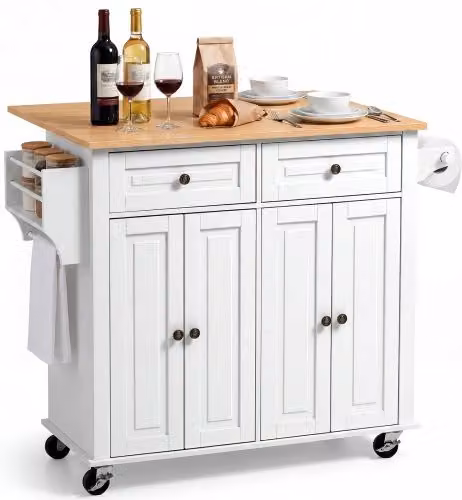 Credenza VEVOR Bianca con Cassetti e Ruote Girevoli per Cucina e Salotto, Mobiletto Contenitore Moderno con Piano Ribaltabile in Legno e Metallo