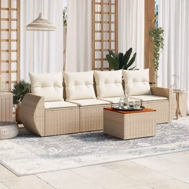 Set Divano da Giardino 5 Pezzi vidaXL in Polyrattan con Cuscini Beige e Tavolino da Esterno