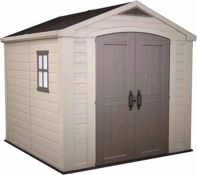 Casetta da Giardino Keter Factor 8x8 in Resina Beige con Doppia Porta e Finitura Effetto Legno L: 256,50 cm, P: 243 cm, H: 255 cm