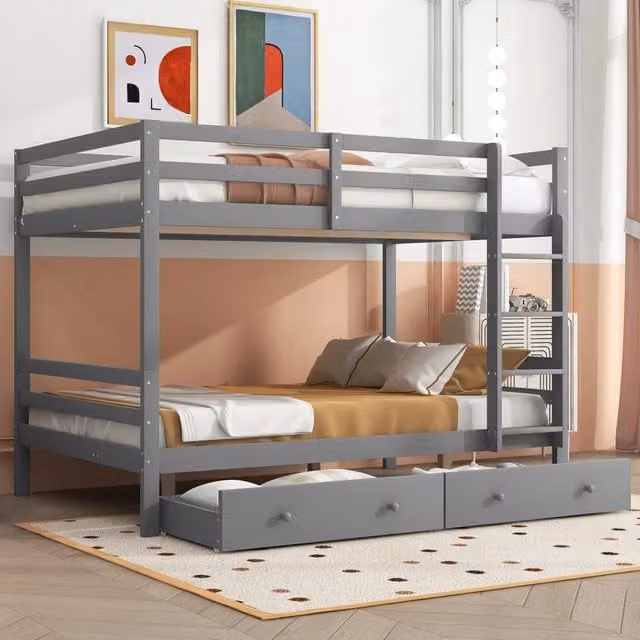 Letto a castello 140 x 200 cm per bambini con cassetti e contenitore, spondine alte - Grigio