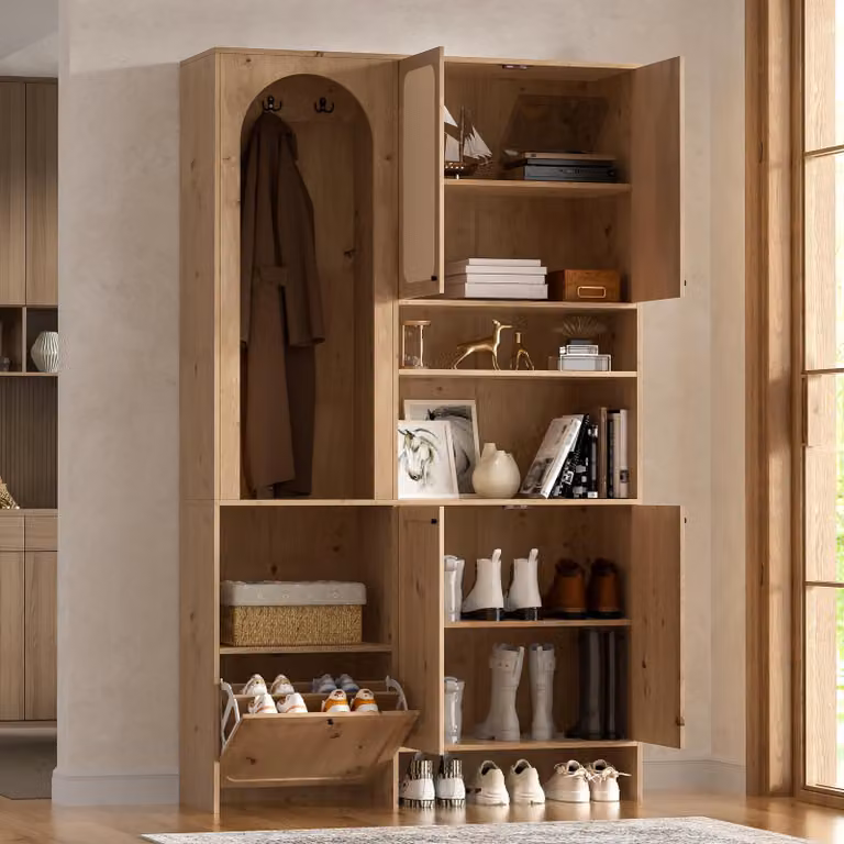 Set di armadi a muro MODFU con ante in rattan, armadio con ripiani interni regolabili, appendiabiti da ingresso con ganci e vano ribaltabile, dimensioni 120 x 35 x 200 cm, aspetto legno