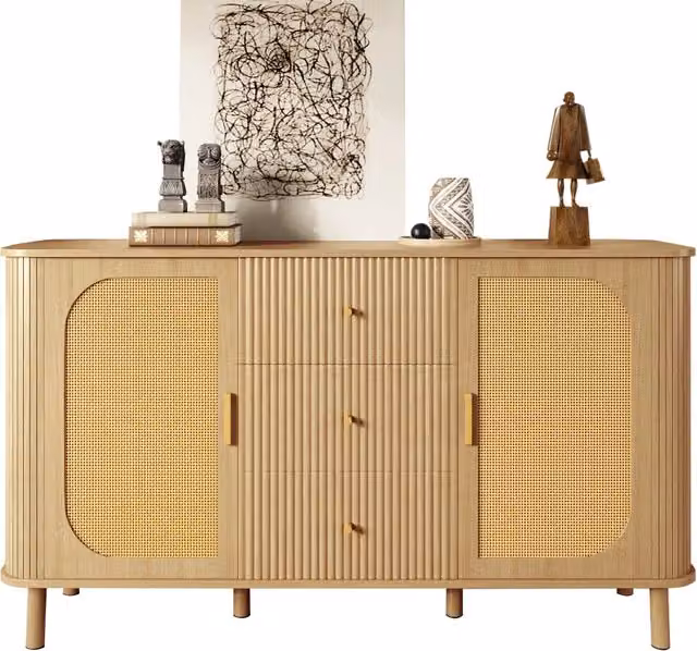 Credenza moderna per soggiorno in MDF con ante in rattan e cassetti ondulati, colore beige, L 140 x P 40 x H 80 cm