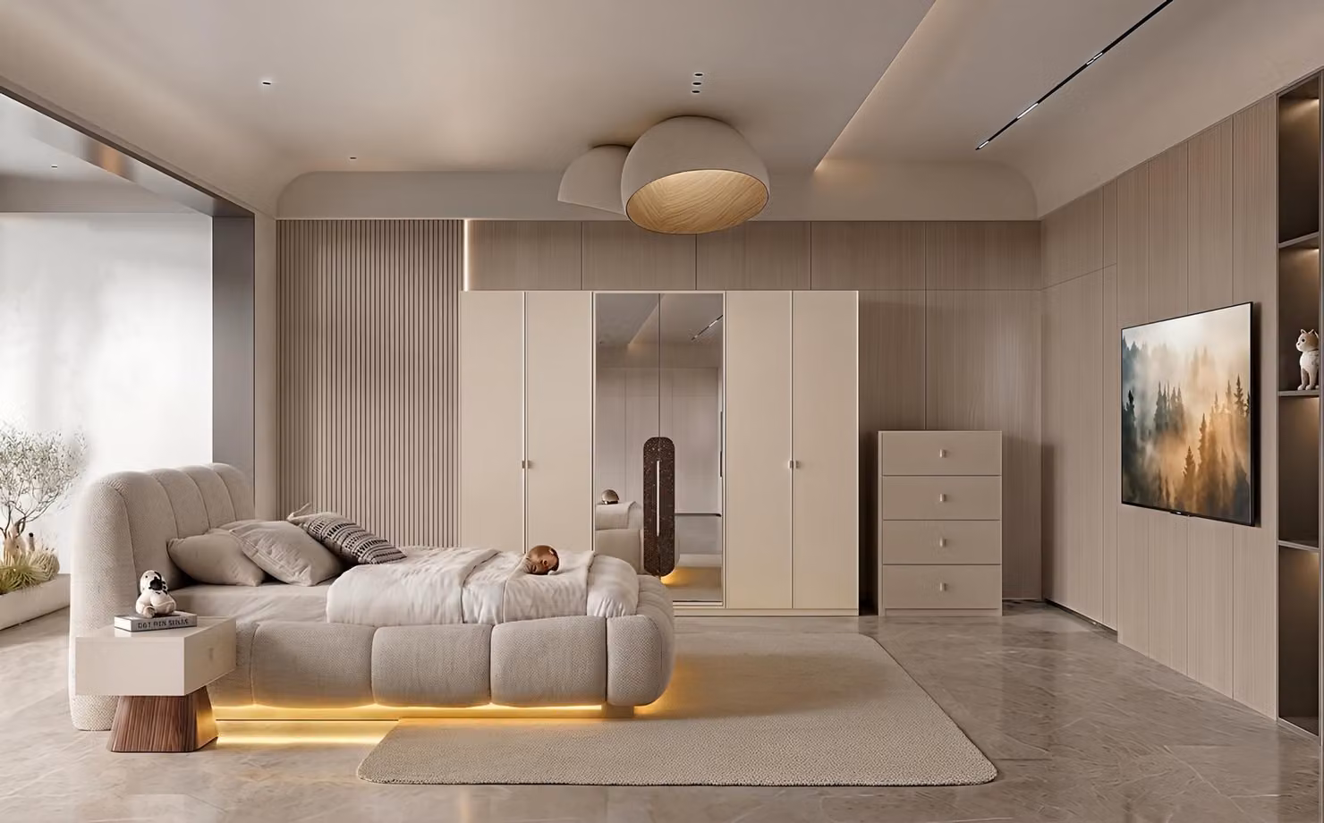Set per camera da letto: letto, armadio, comodino, 2 comodini, design moderno, colore beige, elegante