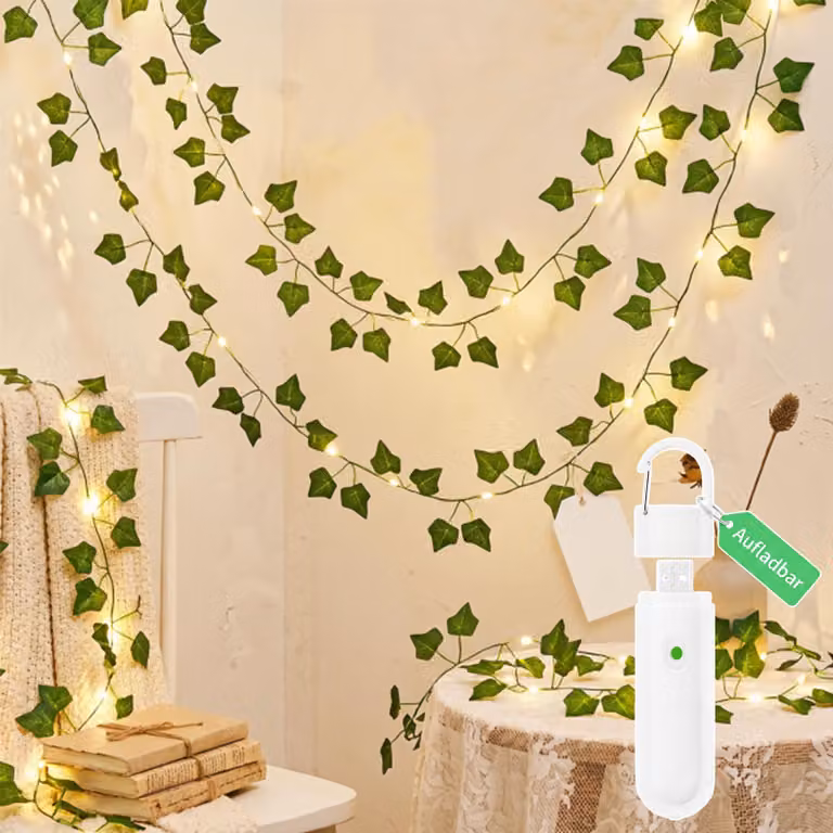 Catena luminosa a LED a forma di edera, 2 metri, 20 LED, verde, con timer, alimentata a batteria
