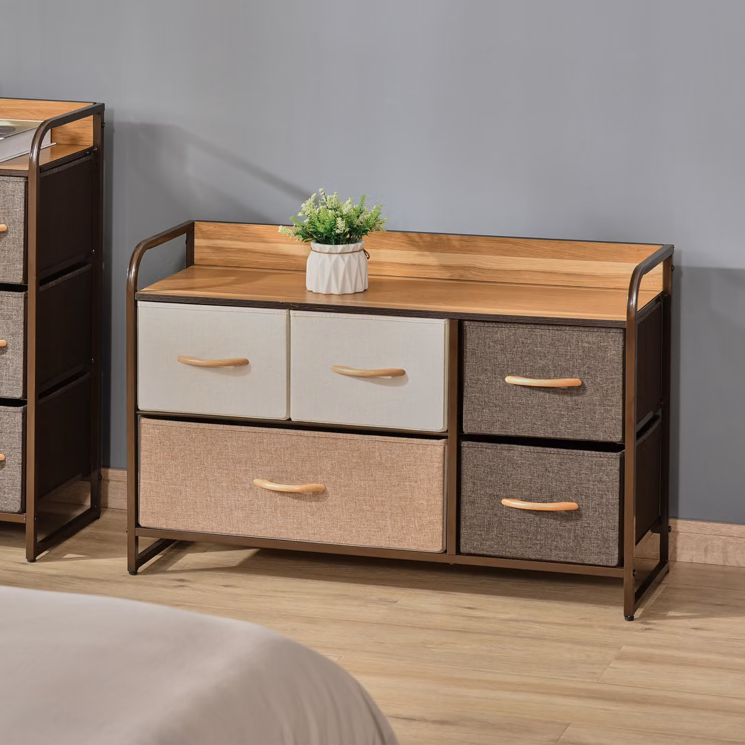 Cassettiera HOMCOM con 5 cassetti in tessuto e metallo, Marrone e Beige, L: 87,5 cm, P: 29 cm, H: 58 cm – 2