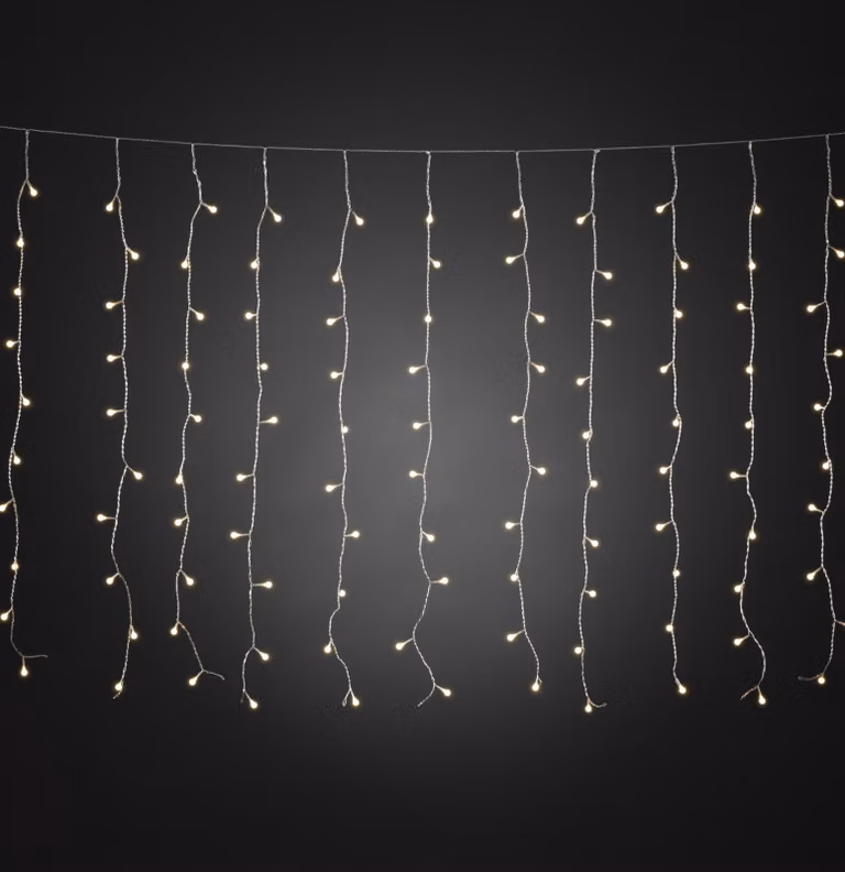Konstsmide - Barriera luminosa a LED, con globi bianchi, 400 diodi bianco caldo, trasformatore per esterni da 24 V, cavo trasparente ; 3675-103