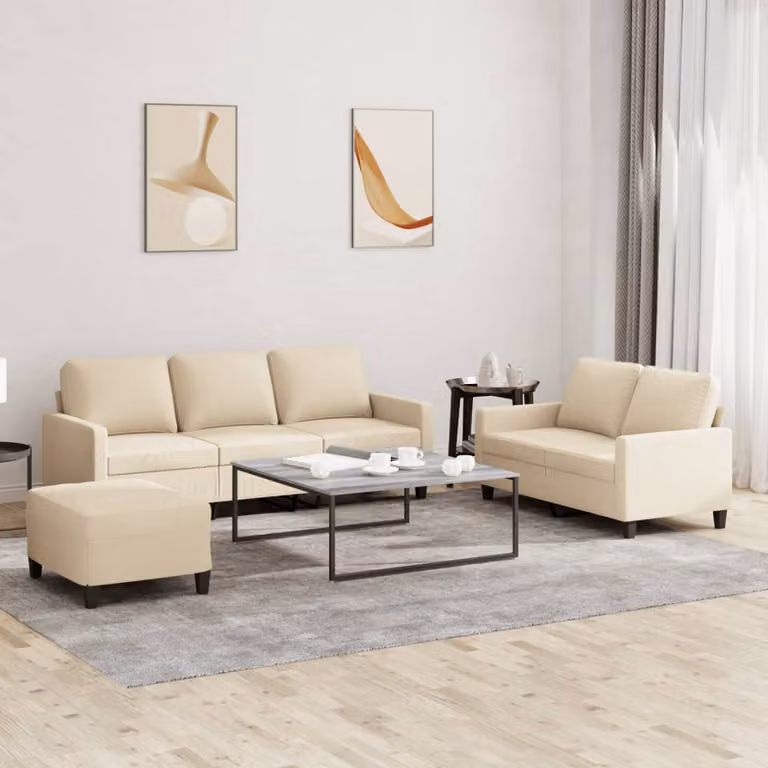 vidaXL Set di Divani Moderno 3 Pezzi in Tessuto Beige con Pouf e Cuscini