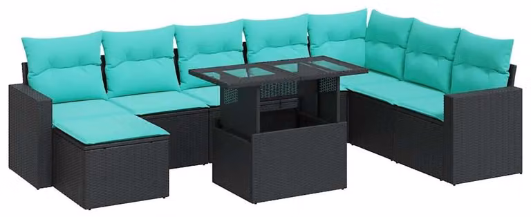 Set Divani da Giardino 9 pz con Cuscini Nero Polyrattan Acacia