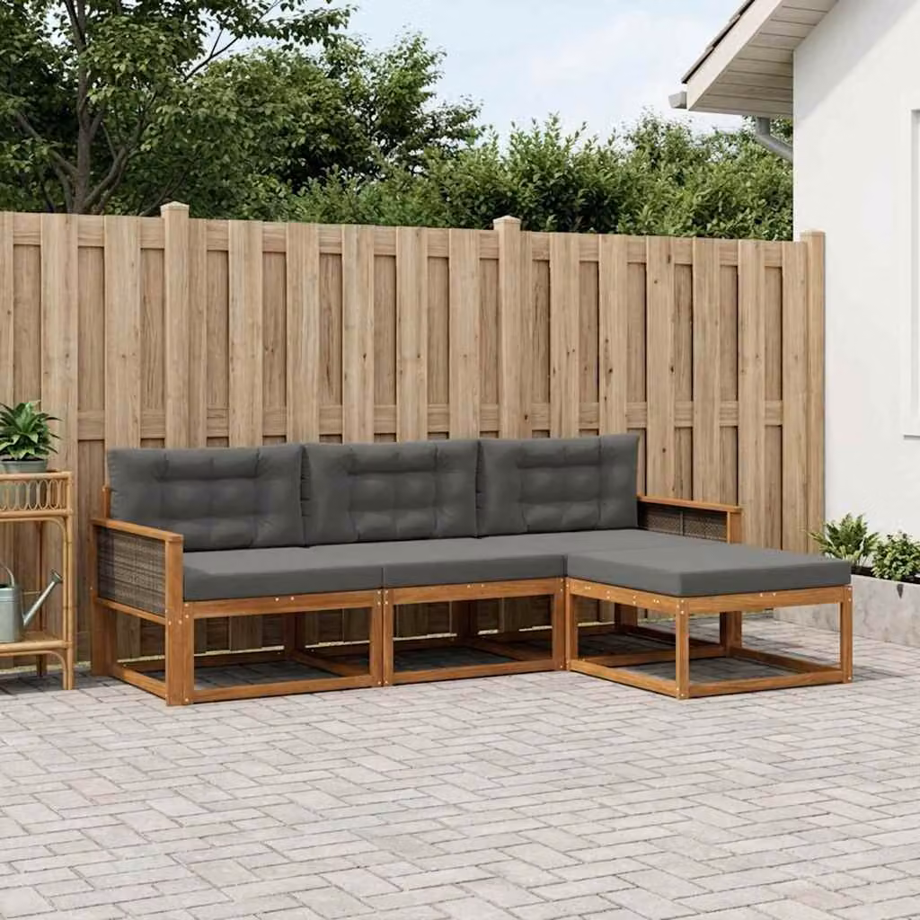 vidaXL Set di divani da esterno a L in legno di acacia con pouf e cuscini, colore marrone e antracite