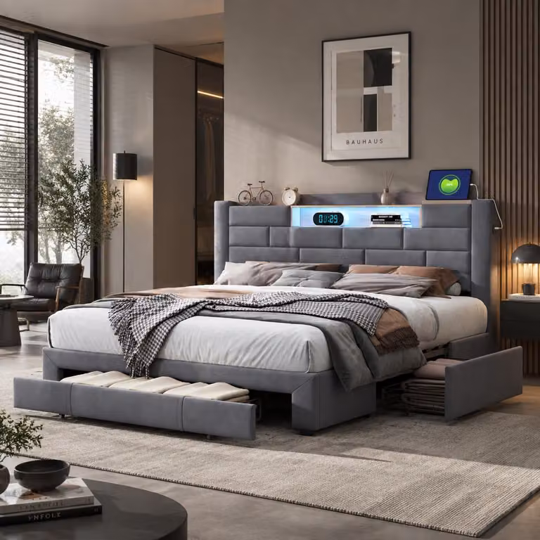 Letto imbottito INONEFT, 140x200 cm, con illuminazione LED e prese USB, letto matrimoniale per ragazzi con 3 cassetti, struttura del letto con rete a doghe, tessuto velluto grigio