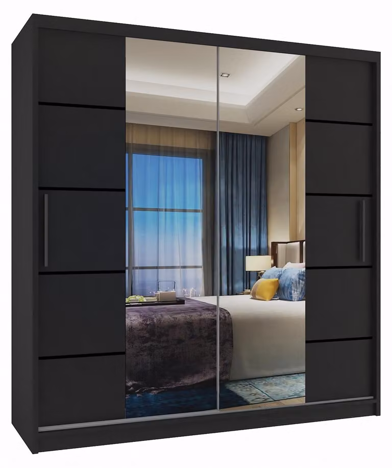 BELINI Verona, armadio scorrevole da 158 cm, nero opaco - armadio con specchio e 2 cassetti, ideale per la camera da letto