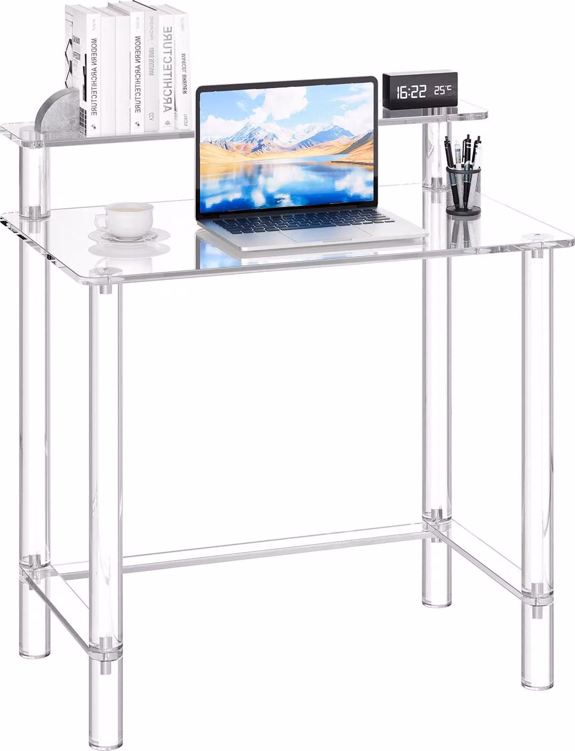 Scrivania in vetro acrilico - Scrivania per computer con supporto per monitor - Con 2 ripiani - Capacità di carico 60 kg - Dimensioni 50 x 80 x 88 cm - Trasparente
