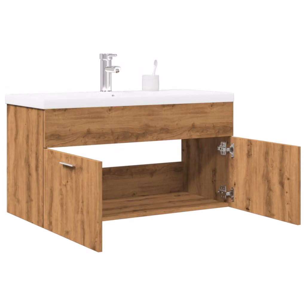 Mobile da bagno sospeso vidaXL con lavabo integrato in rovere e bianco, design minimalista con ante a cerniera e ripiani interni, L: 76,0 cm, P: 38,5 cm, H: 90,0 cm