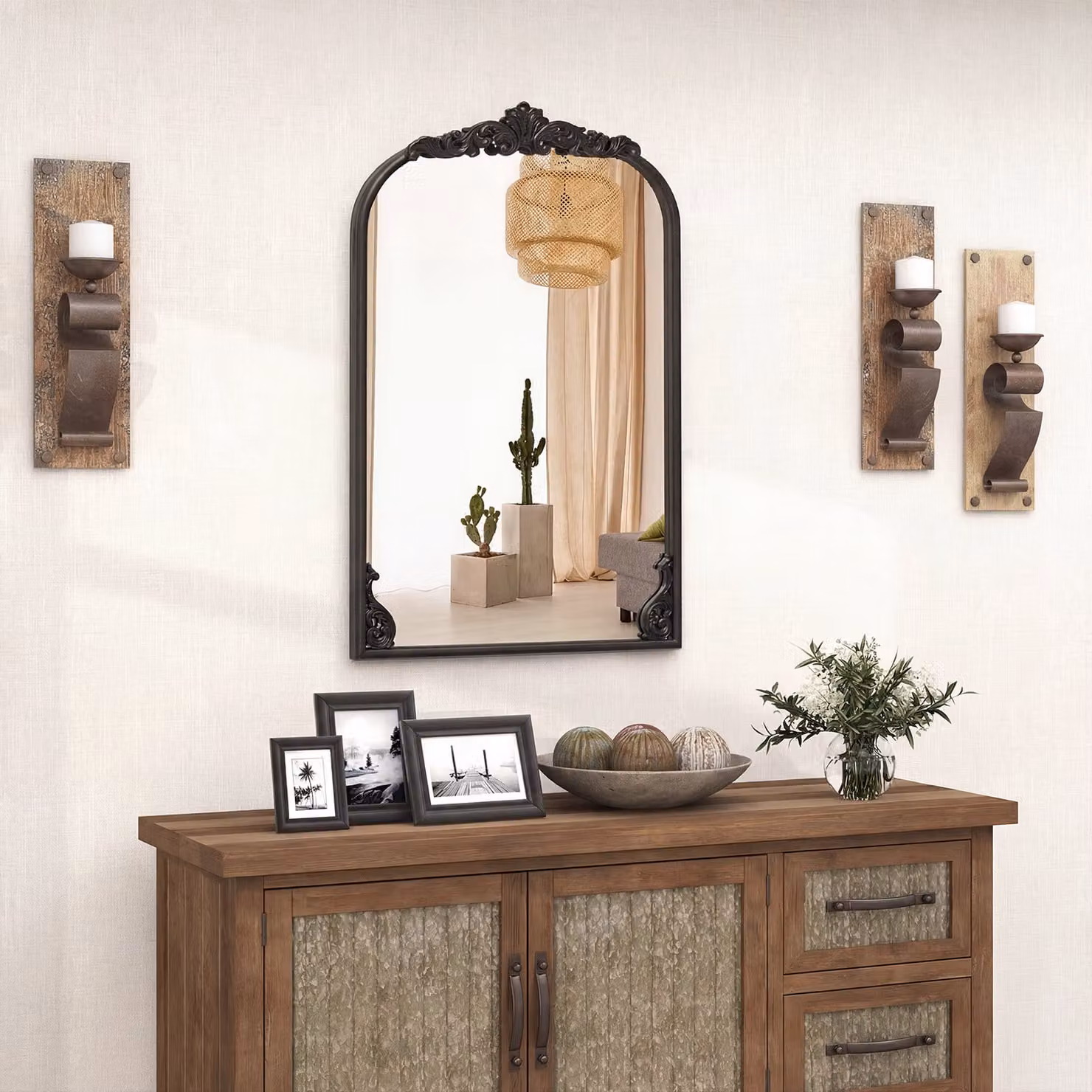 Specchio da parete ad arco Costway in stile barico con cornice in metallo, L: 90 cm, H: 61 cm, Nero o Oro