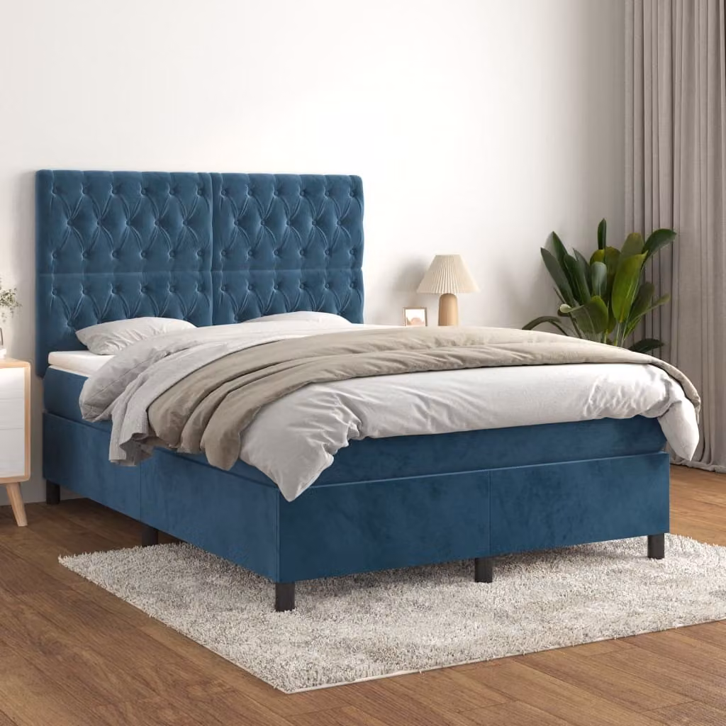 The Living Store Letto a molle con materasso blu scuro 140x200 cm in velluto