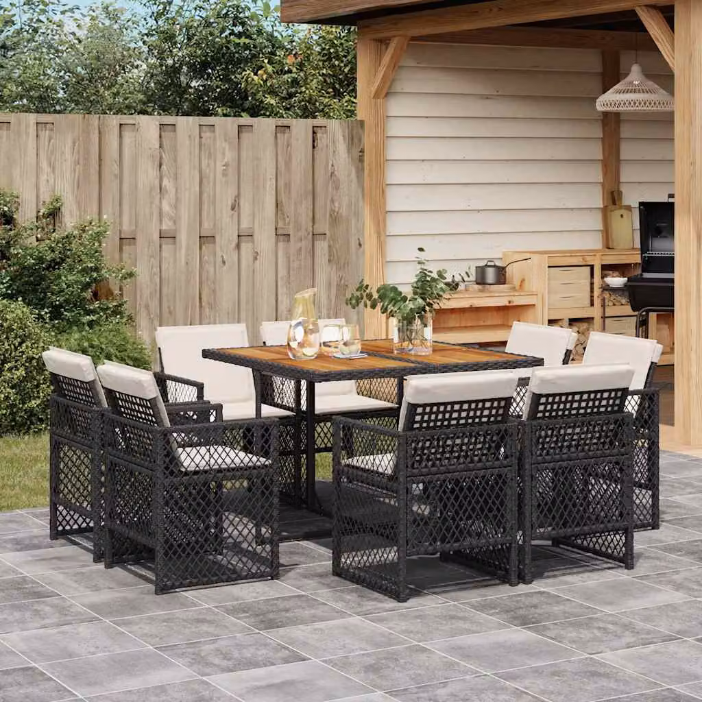 vidaXL Set da Pranzo da Giardino 9 pz in Polyrattan e Legno di Acacia con Cuscini Nero, Marrone e Bianco – 1