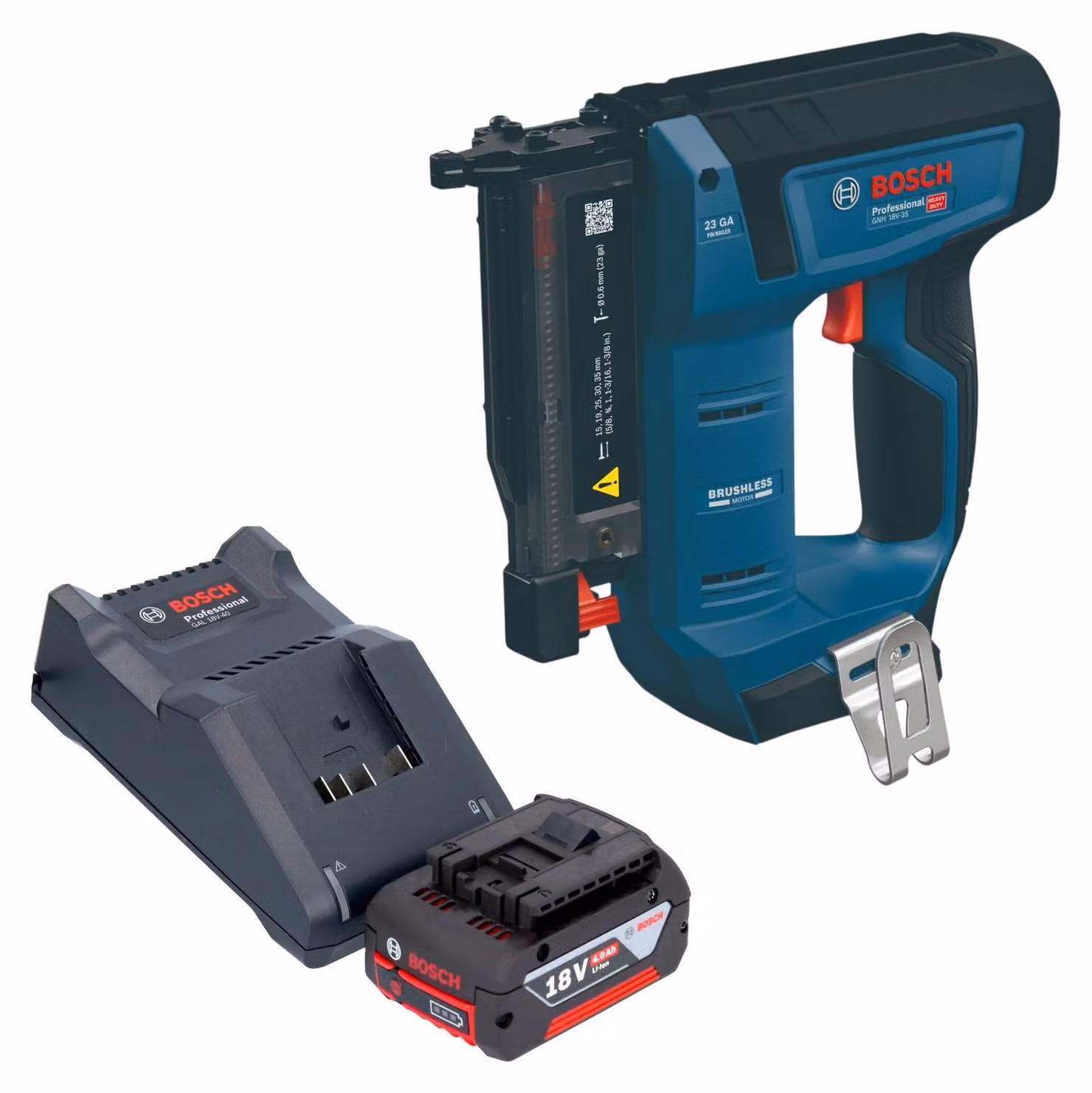 Chiodatrice a batteria Bosch GNH 18V-35 da 18 V, 0,6 x 15 - 35 mm, brushless + 1 batteria da 4,0 Ah + caricabatterie