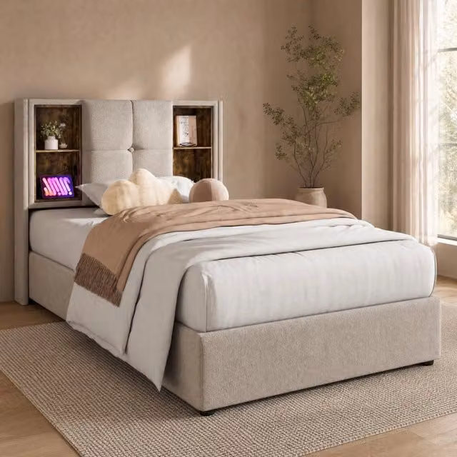 Letto imbottito 90x200 cm con contenitore; ricarica wireless; USB e Type-C; lino naturale