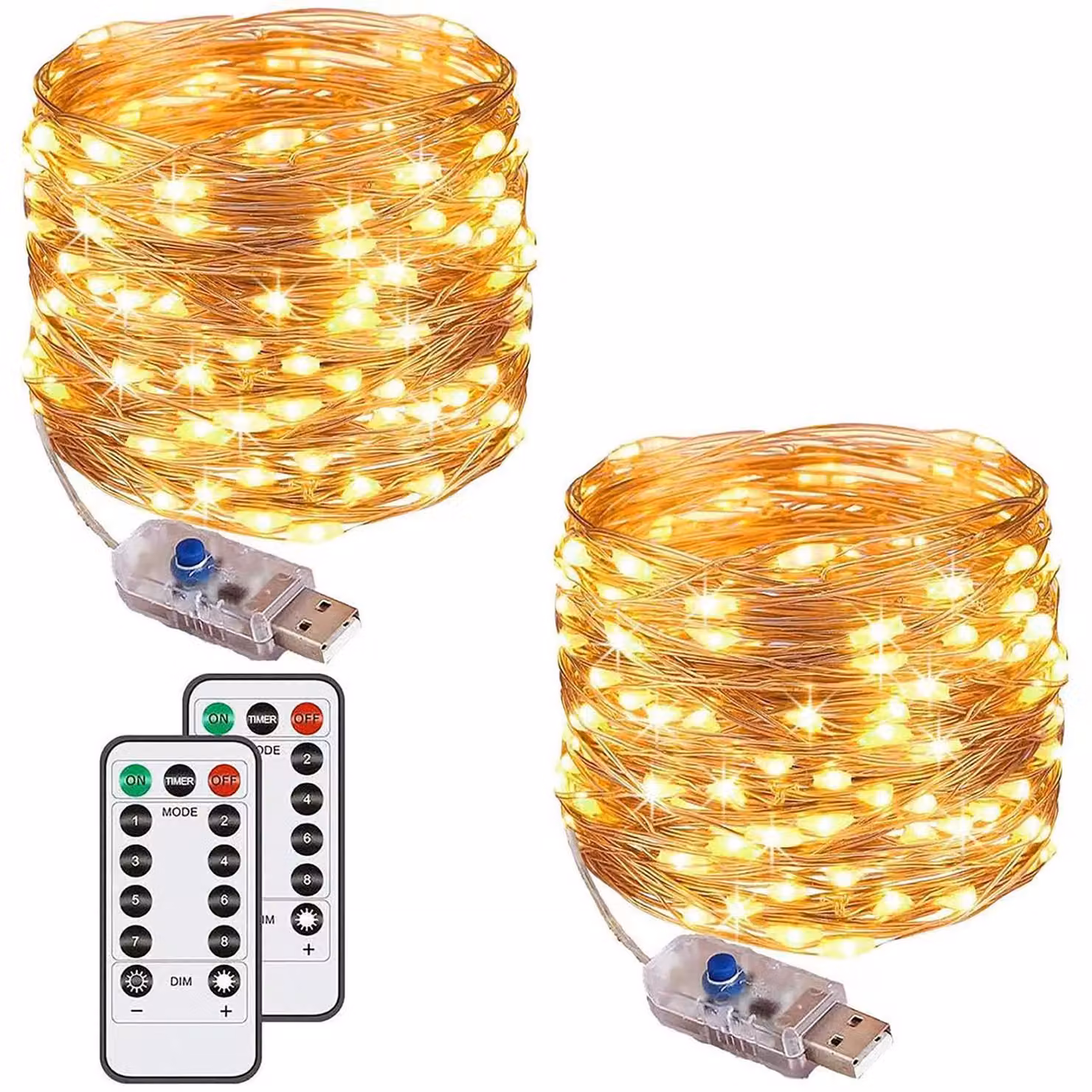Catena luminosa a LED, 120 luci, 12 metri, luce bianco caldo, confezione da 2, alimentazione USB