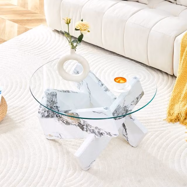 Tavolino da caffè rotondo WISHDOR in vetro trasparente e MDF bianco con design moderno e base a croce Ø79 cm