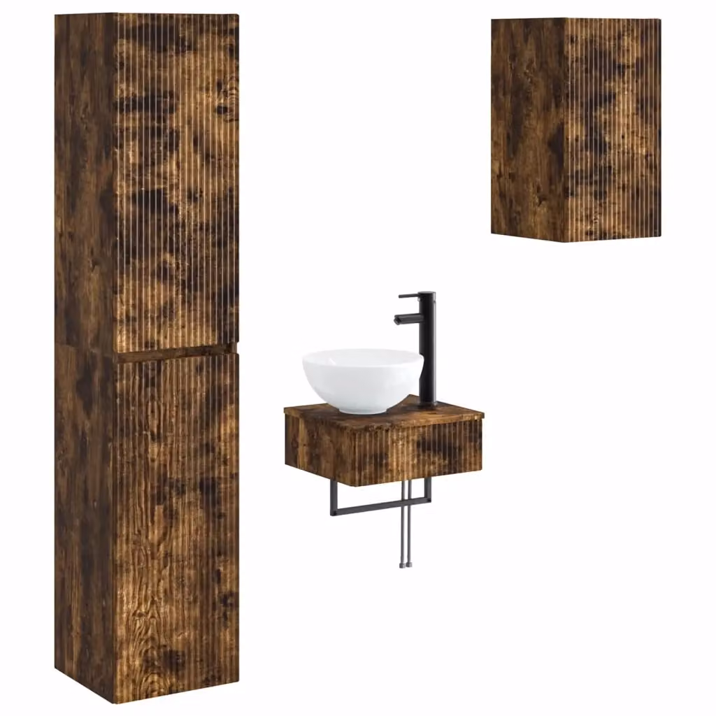 Set di mobili da bagno moderno vidaXL in legno color rovere marrone composto da 3 pezzi con L/P/H: 33 x 34,5 x 160 cm – 2