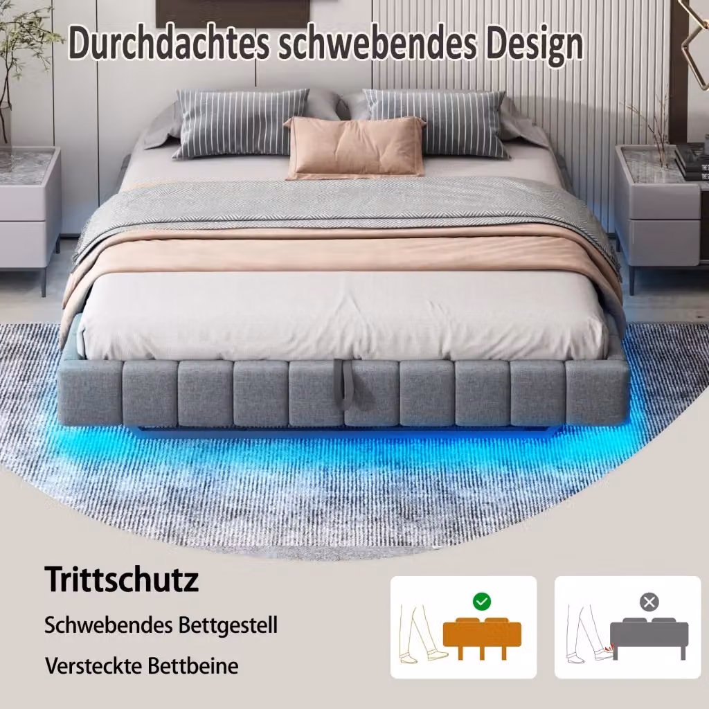 Letto Contenitore REDOM Grigio con LED e Base Lift Up, L/P: 140 x 200 cm – 2