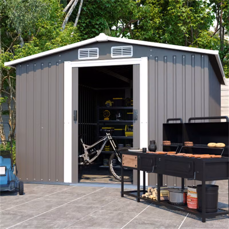 Capanno per attrezzi AIORBER con tetto a shed e porta con serratura, design a prova di pioggia e neve, ripostiglio, per giardino, terrazza, 246x301x178 cm, grigio