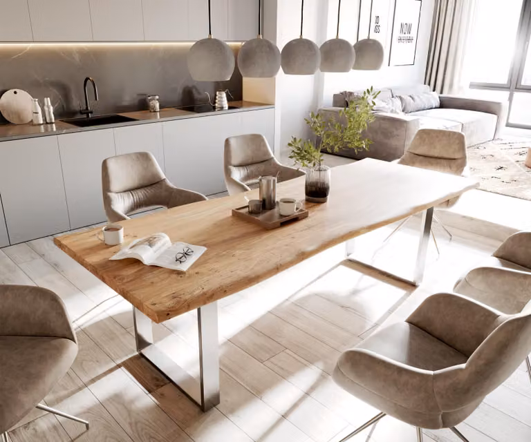 Tavolo da pranzo DELIFE Edge 260x100 Acacia naturale Acciaio inossidabile Live-Edge stretto