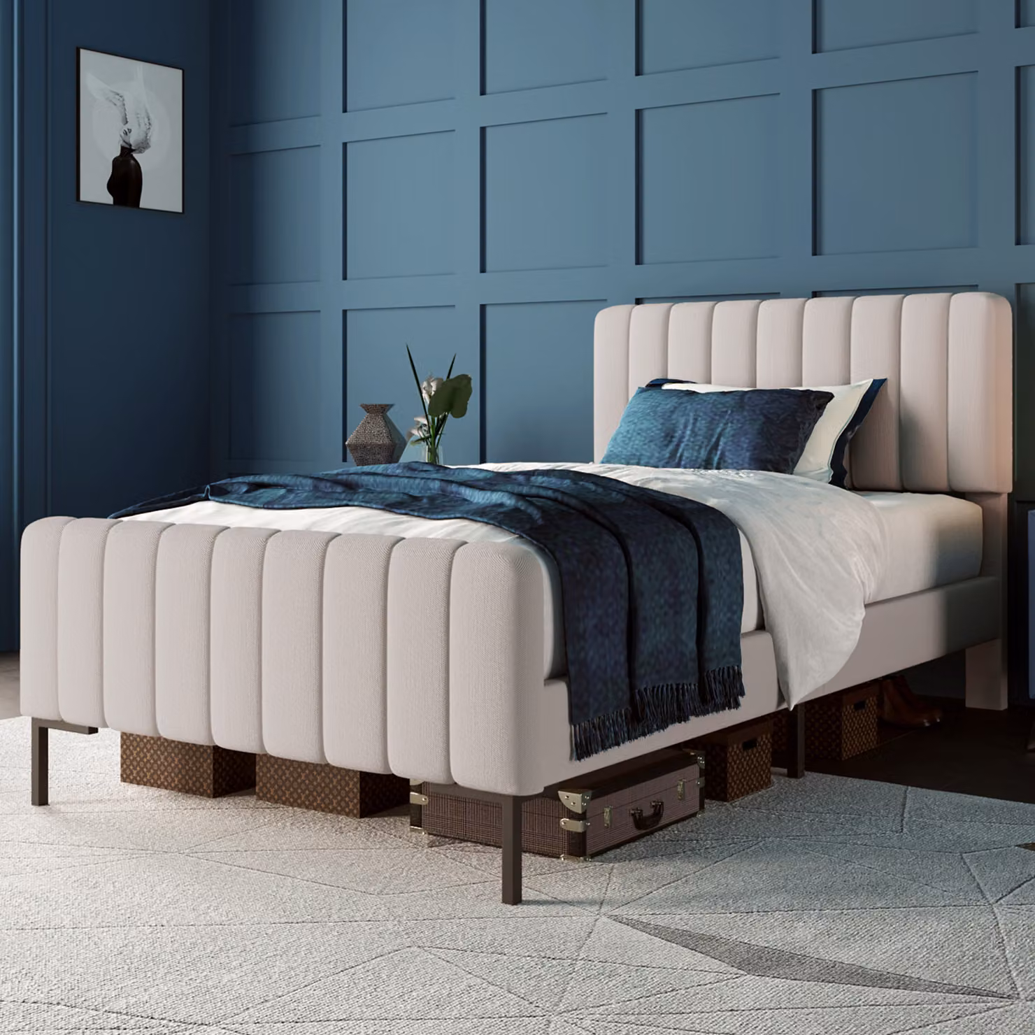Letto imbottito MODFU, 90x200 cm, letto singolo con rete a doghe, letto per giovani in legno massello con testiera regolabile, biancheria per ospiti, color grigio-beige (con materasso)