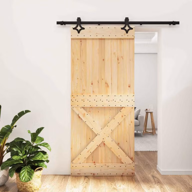 Porta scorrevole vidaXL in legno di pino e metallo, colore Naturale e Nero, L: 90 cm, H: 210 cm