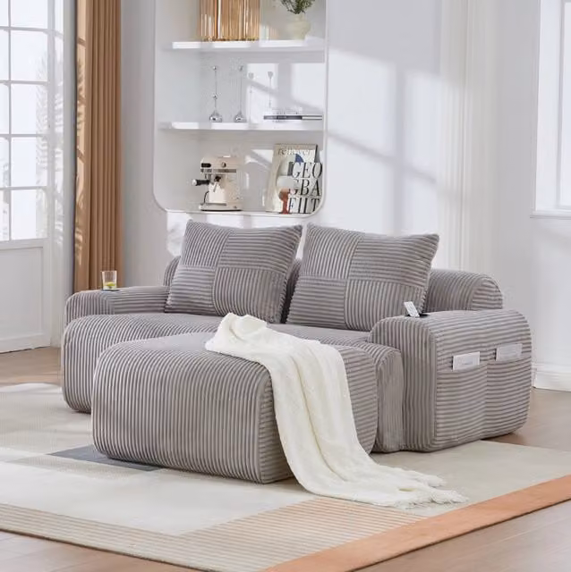 Divano modulare a 2 posti in corduroy grigio chiaro; 200x174x80 cm; con portabicchiere e tasca laterale