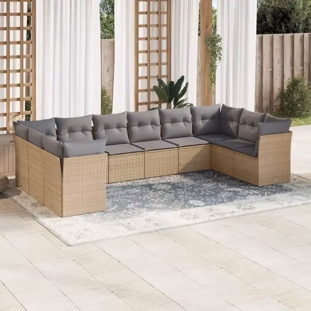 vidaXL Set Divano da Giardino 10 pz con Cuscini Beige e Grigio in Polyrattan e Metallo
