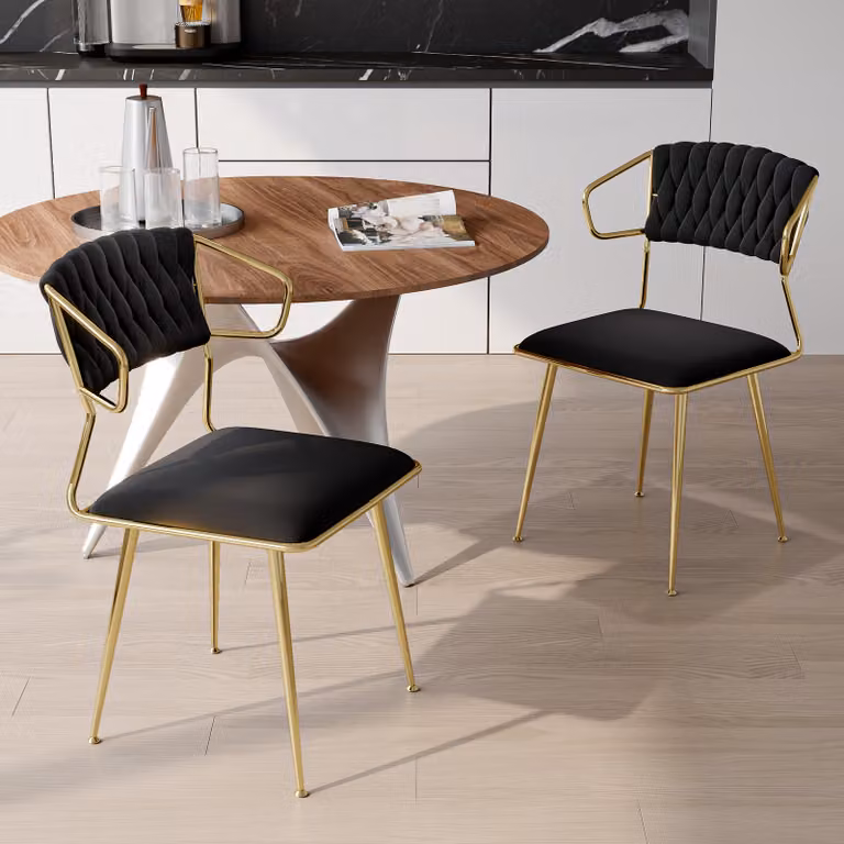 Set di 2 sedie da pranzo in velluto nero con schienale imbottito e gambe in metallo