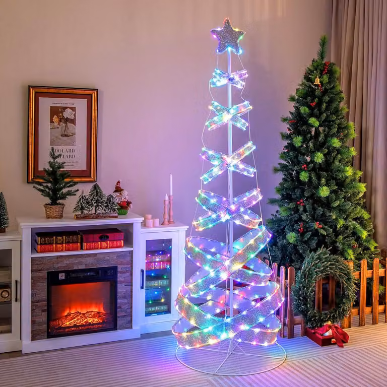 COSTWAY Albero di Natale a spirale a LED, albero di Natale illuminato da 210 cm, 341 LED, 34 modalità di illuminazione, pieghevole, albero a spirale a LED con stella, albero di Natale in metallo poliestere, decorazione natalizia per interni ed esterni