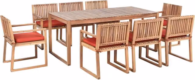 Set da giardino Beliani in legno di acacia con tavolo rettangolare e 8 sedie con cuscini rossi