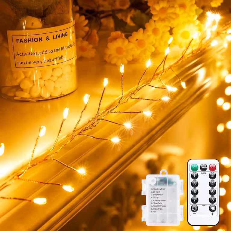 Luci decorative a forma di cascata, altezza 6,1 metri, 200 LED a luce calda, alimentate a batteria, con telecomando