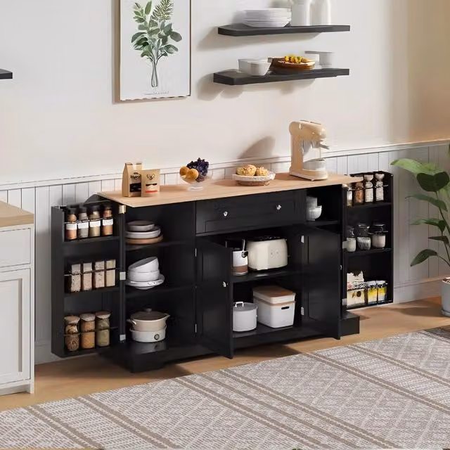 Credenza da cucina moderna FOLYNA ARREDO FUNZIONALE in MDF nero con cassetto, doppio vano e armadietti laterali con ripiani regolabili
