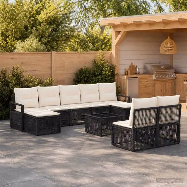 Set Divano da Giardino vidaXL 10 Pezzi Nero con Cuscini e Tavolino in Polyrattan e Metallo
