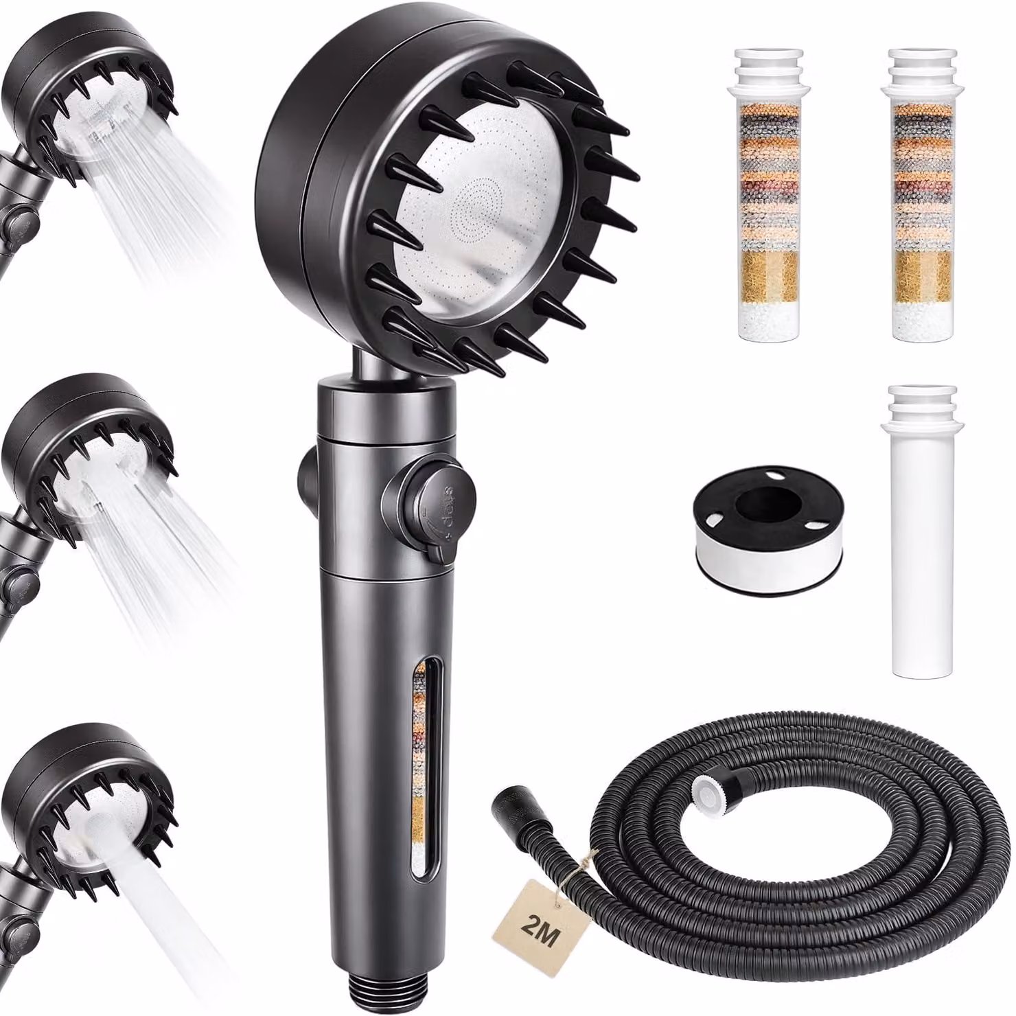 Doccia con filtro, 3 tipi di getto, a risparmio idrico, tubo da 2 metri, colore grigio
