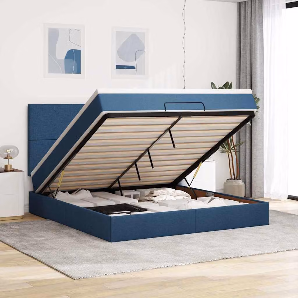 vidaXL Struttura Letto con Contenitore e Materasso in Tessuto Blu e Bianco, L: 180 cm, P: 200 cm, H: 128 cm
