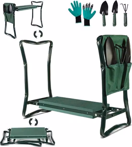 Panca da giardino pieghevole Unyqoos® – seduta e poggiapiedi pieghevoli con cuscino in schiuma EVA, dimensioni 40,5 x 15,4 cm, struttura in acciaio, inclusi 3 attrezzi da giardino, guanti e borsa, portata massima 150 kg
