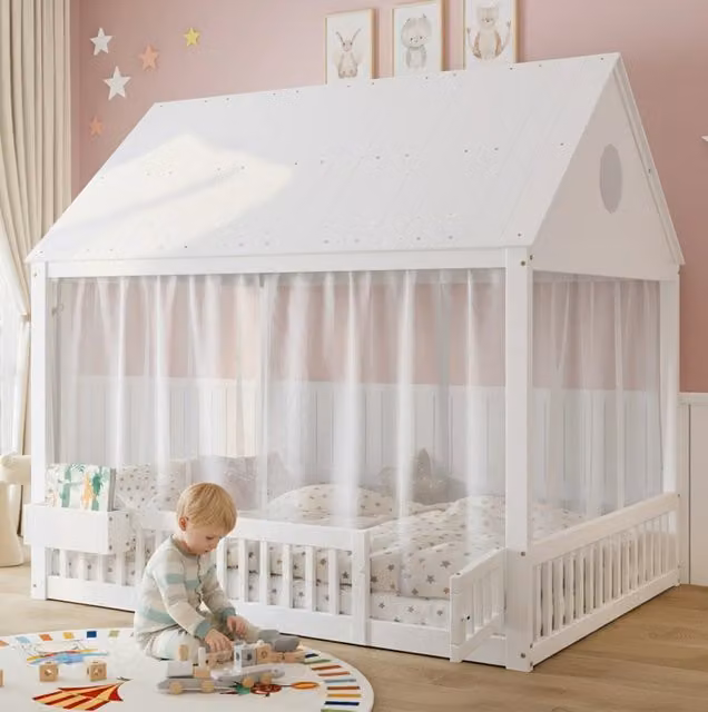 Letto singolo per bambini 140x200 cm con tenda e vano portaoggetti bianco HAVRYA