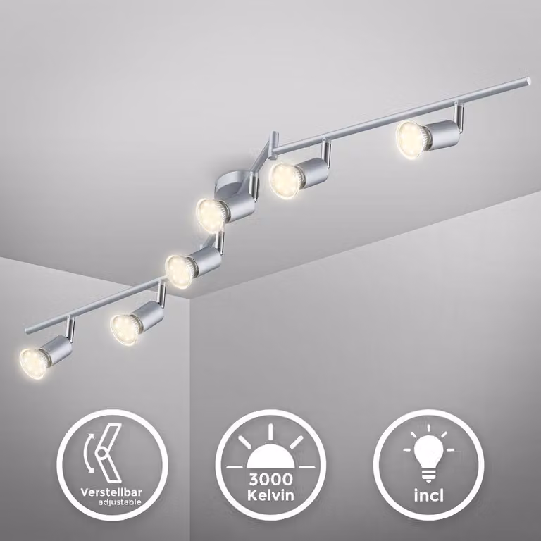 B.K.Licht Faretti LED da soffitto orientabili, include 6 lampadine GU10 da 3W, luce calda 3000K, plafoniera moderna a bracci da soffitto per l?illuminazione da interno, metallo color titanio, 230V