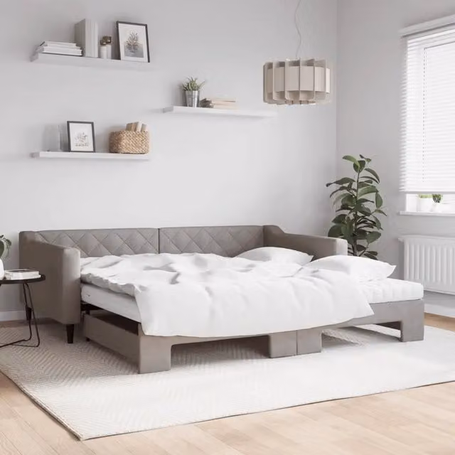 Divano Letto Estraibile Moderno vidaXL in Tessuto Grigio e Beige con Cassetto L/P/H: 223 x 110 x 67 cm con Materasso 100x200 cm – 1