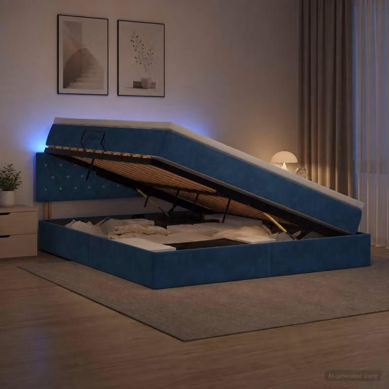 Letto con contenitore e materasso a molle vidaXL in velluto blu con illuminazione LED L/P/H: 160 x 200 x 140 cm
