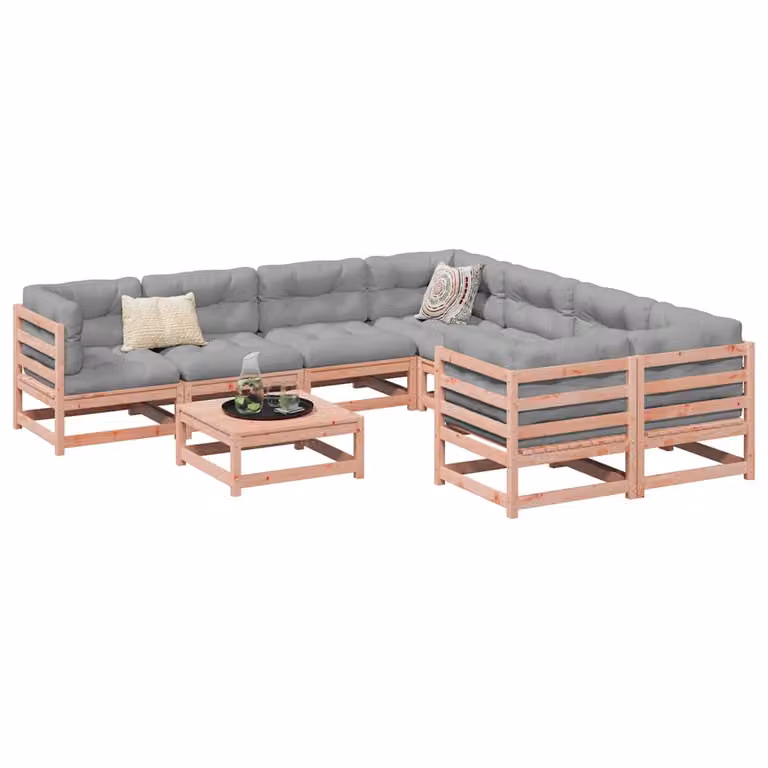 vidaXL Set Divani da Giardino 9 pz a Forma di L in Legno Massello con Cuscini Grigio e Marrone