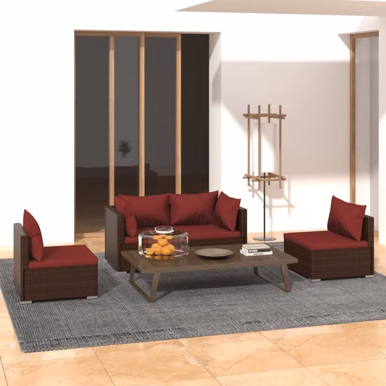 The Living Store Set salotto da giardino 4 pezzi con cuscini in poly rattan marrone