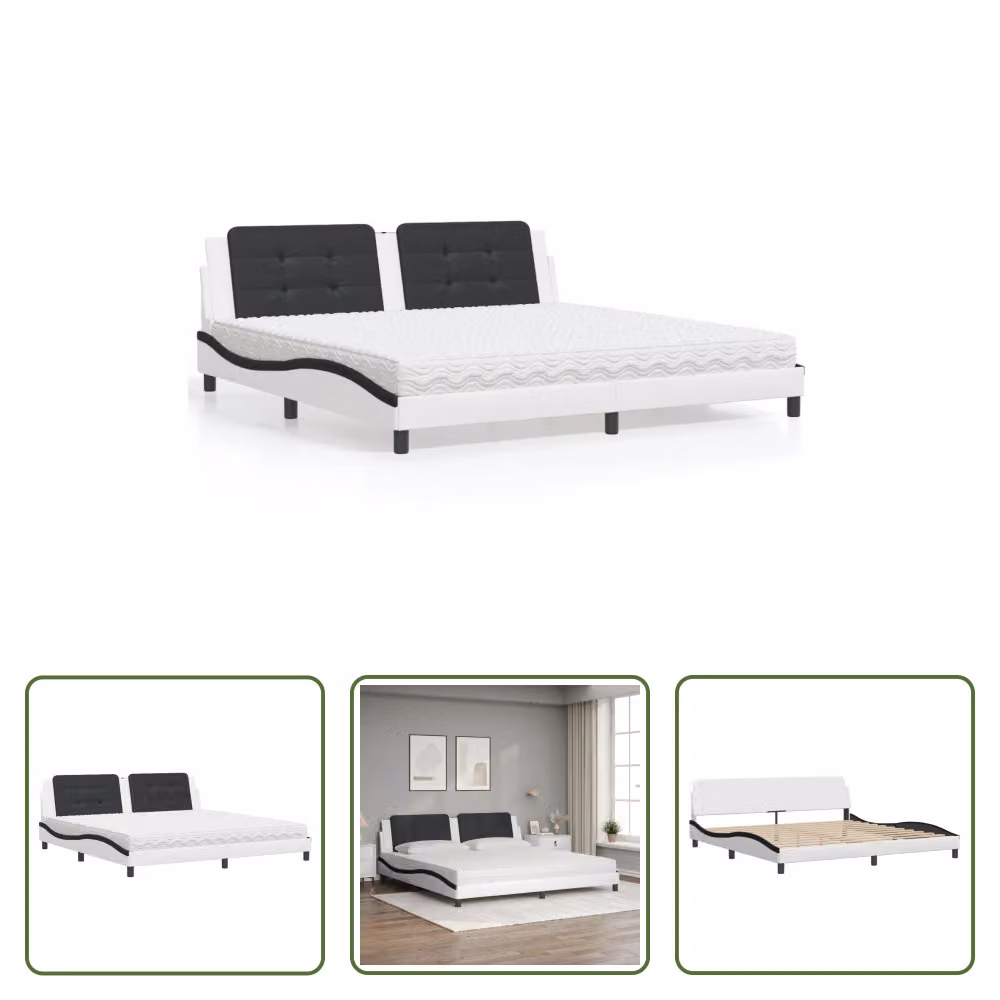 The Living Store Letto con materasso bianco e nero 200x200 cm in ecopelle