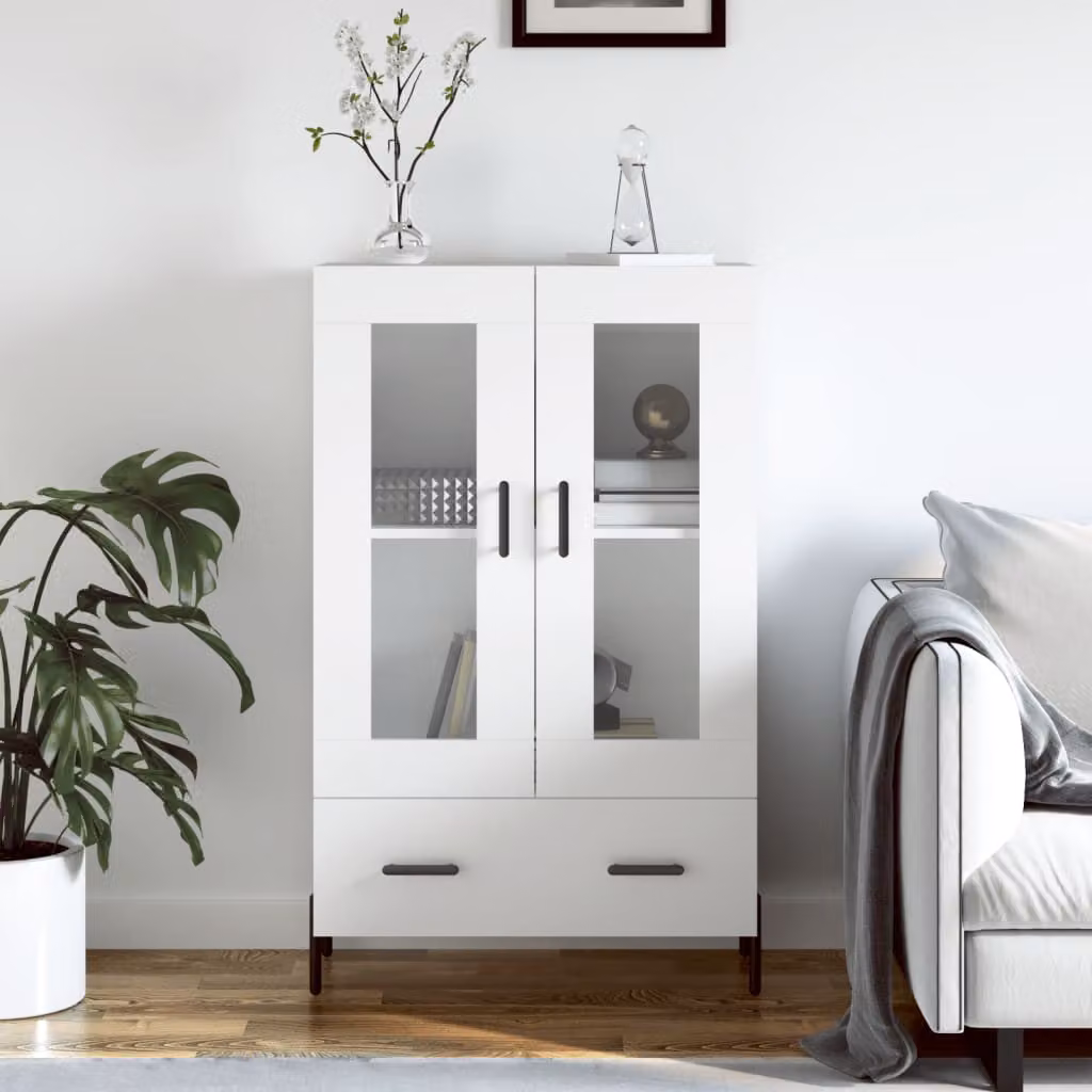 Credenza moderna vidaXL bianca con ante in vetro e cassetti, L: 69,5 cm, P: 31 cm, H: 115 cm
